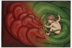 Illustration of demons trying to access a newborn baby